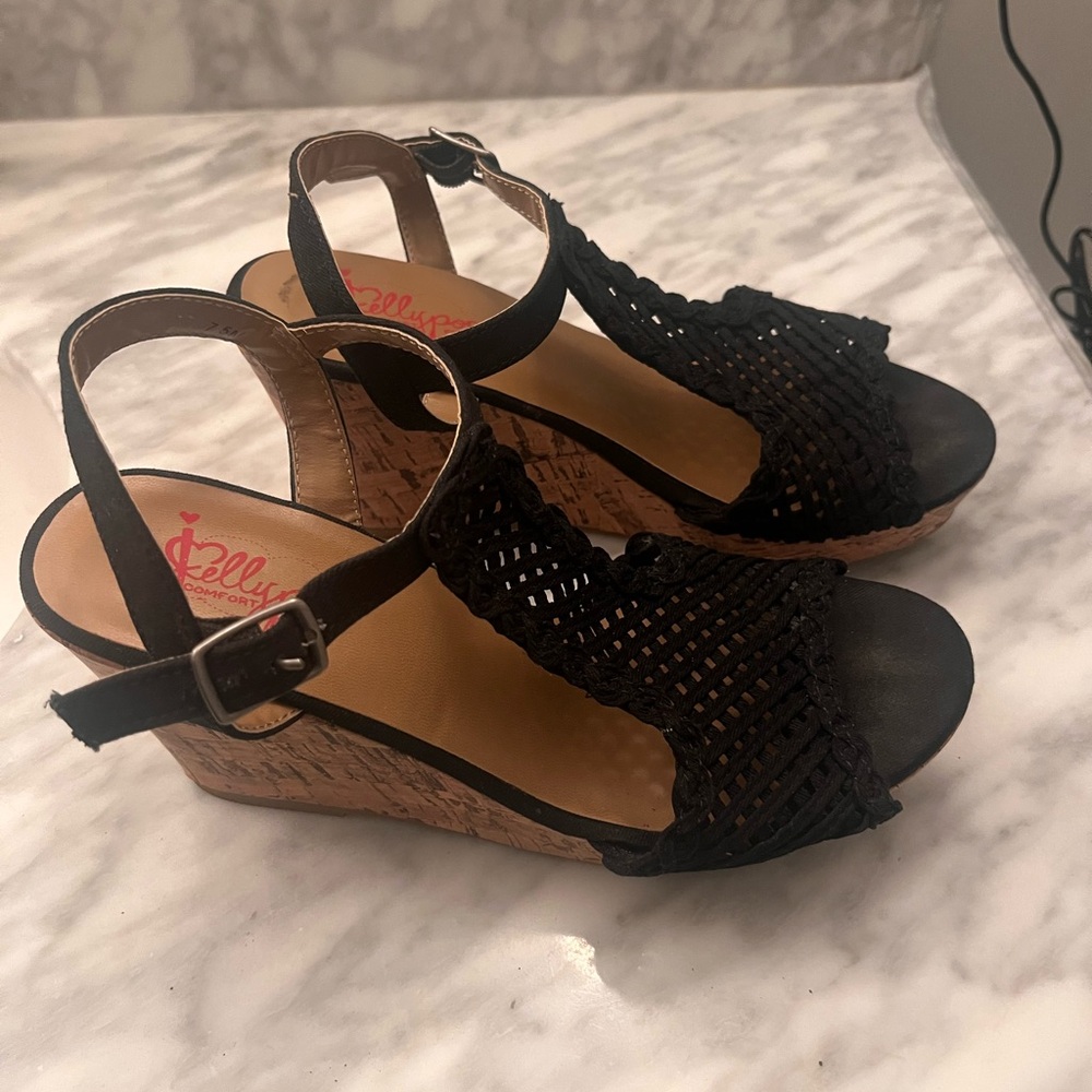 JellyPop Textile Black Wedge Sandals with Ankle Strap 7.5 M